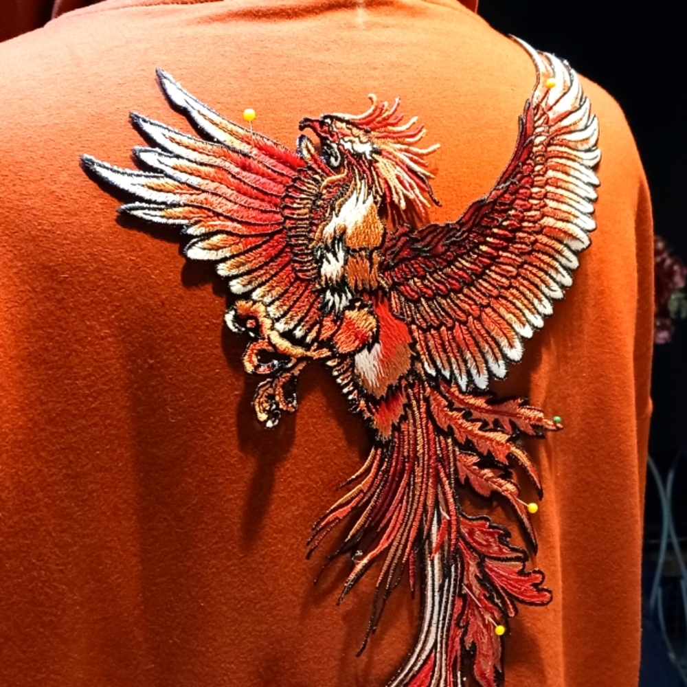 Embroidered Phoenix Bird Design Zipper Jacket - Orange